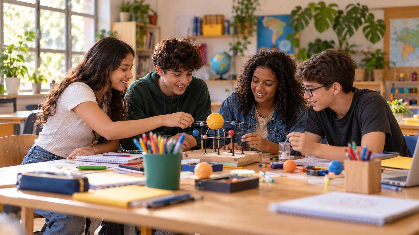 Cena ilustrativa: Estudantes colaborando em um projeto de ciências